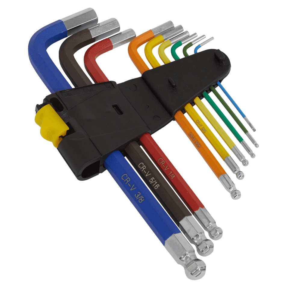 Sealey Ball-End Hex Key Set 9pc Long Colour-Coded Imperial Model No AK7197