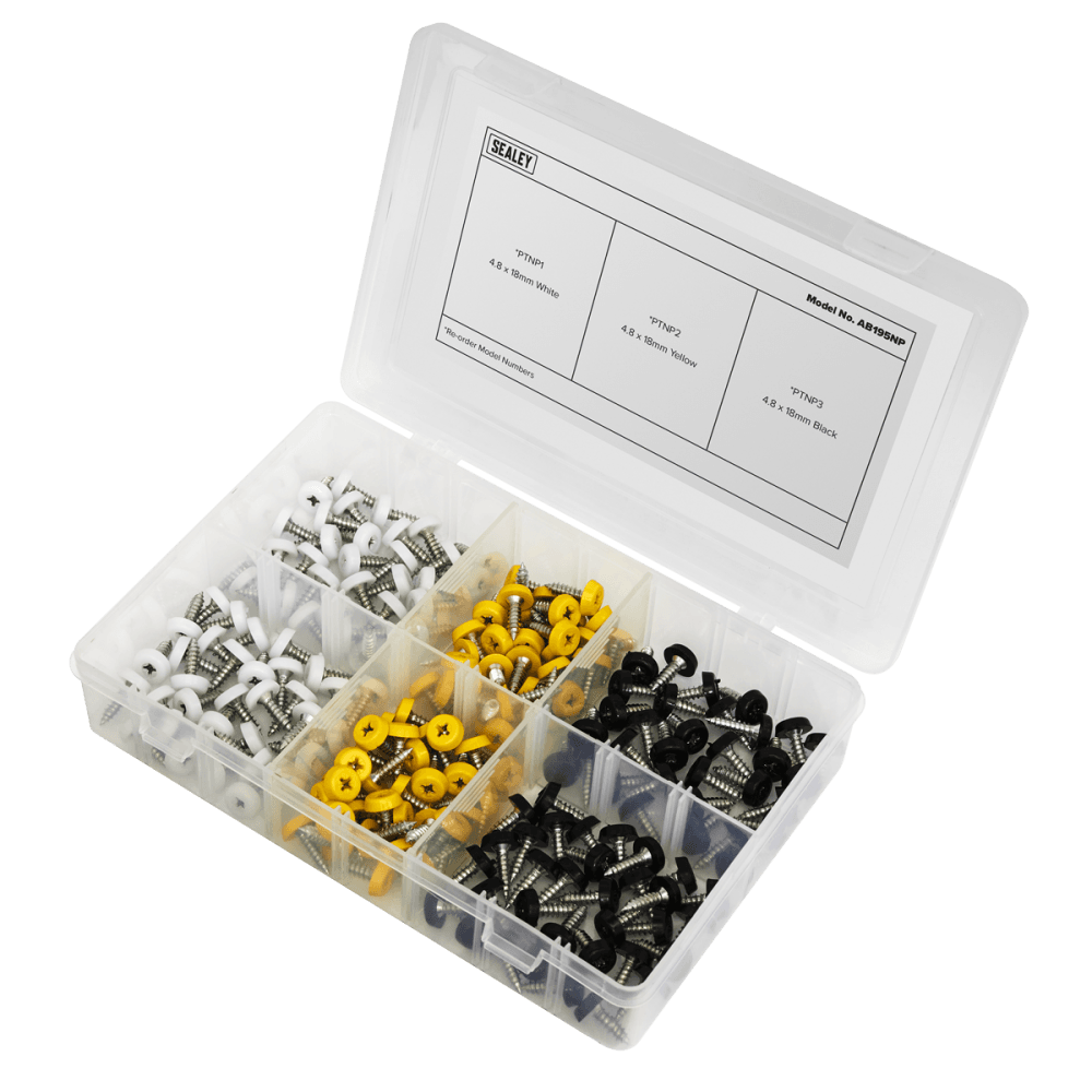 Sealey Numberplate Screw Assortment 195pc 4.8mm x 18mm - Plastic Enclosed Head Model No- AB195NP