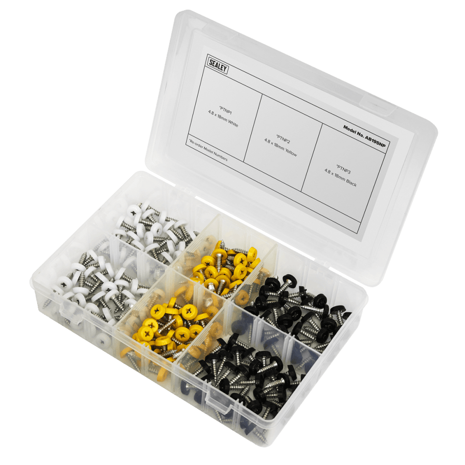Sealey Numberplate Screw Assortment 195pc 4.8mm x 18mm - Plastic Enclosed Head Model No- AB195NP