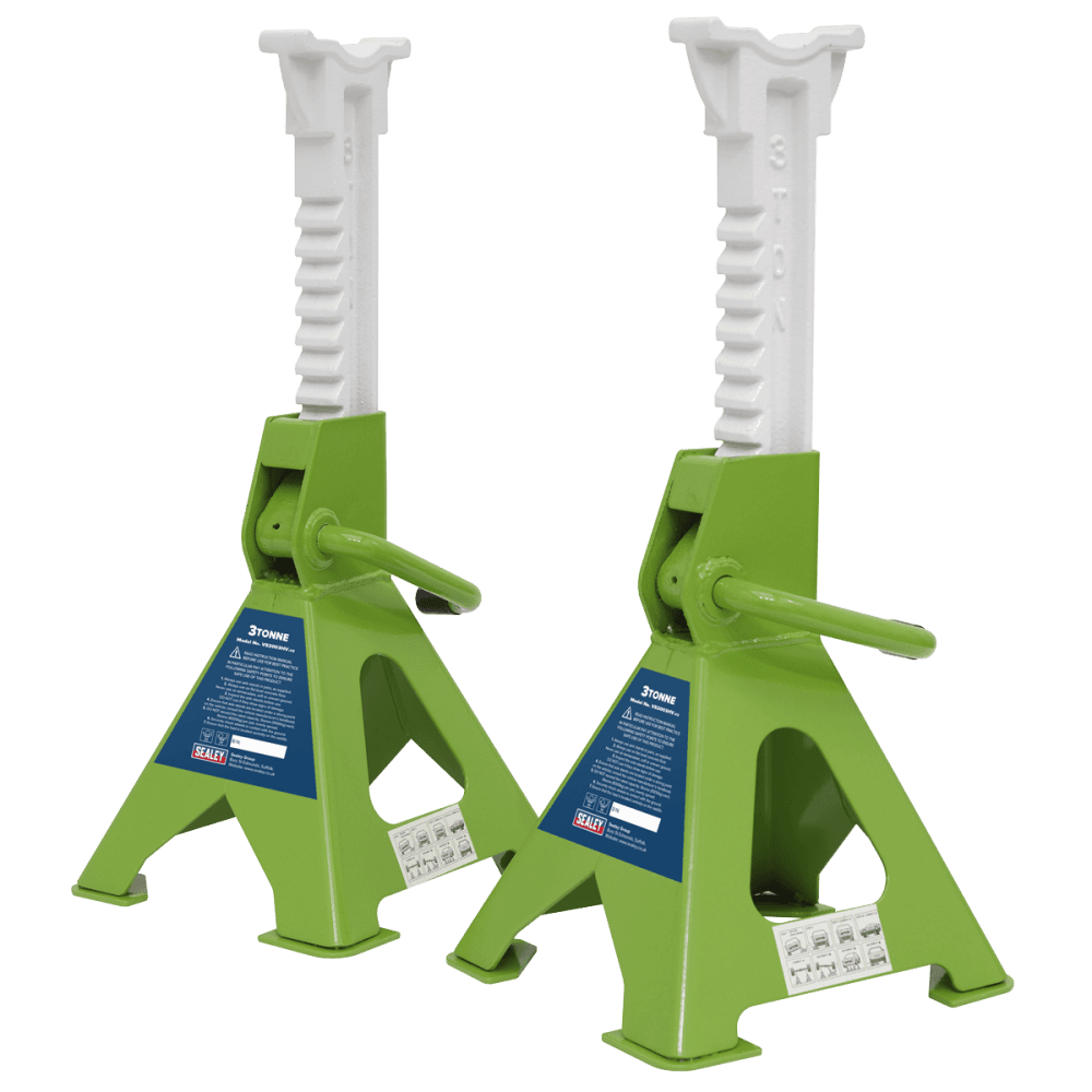 Sealey Axle Stands (Pair) 3tonne Capacity per Stand Ratchet Type - Hi-Vis Green Model No- VS2003HV