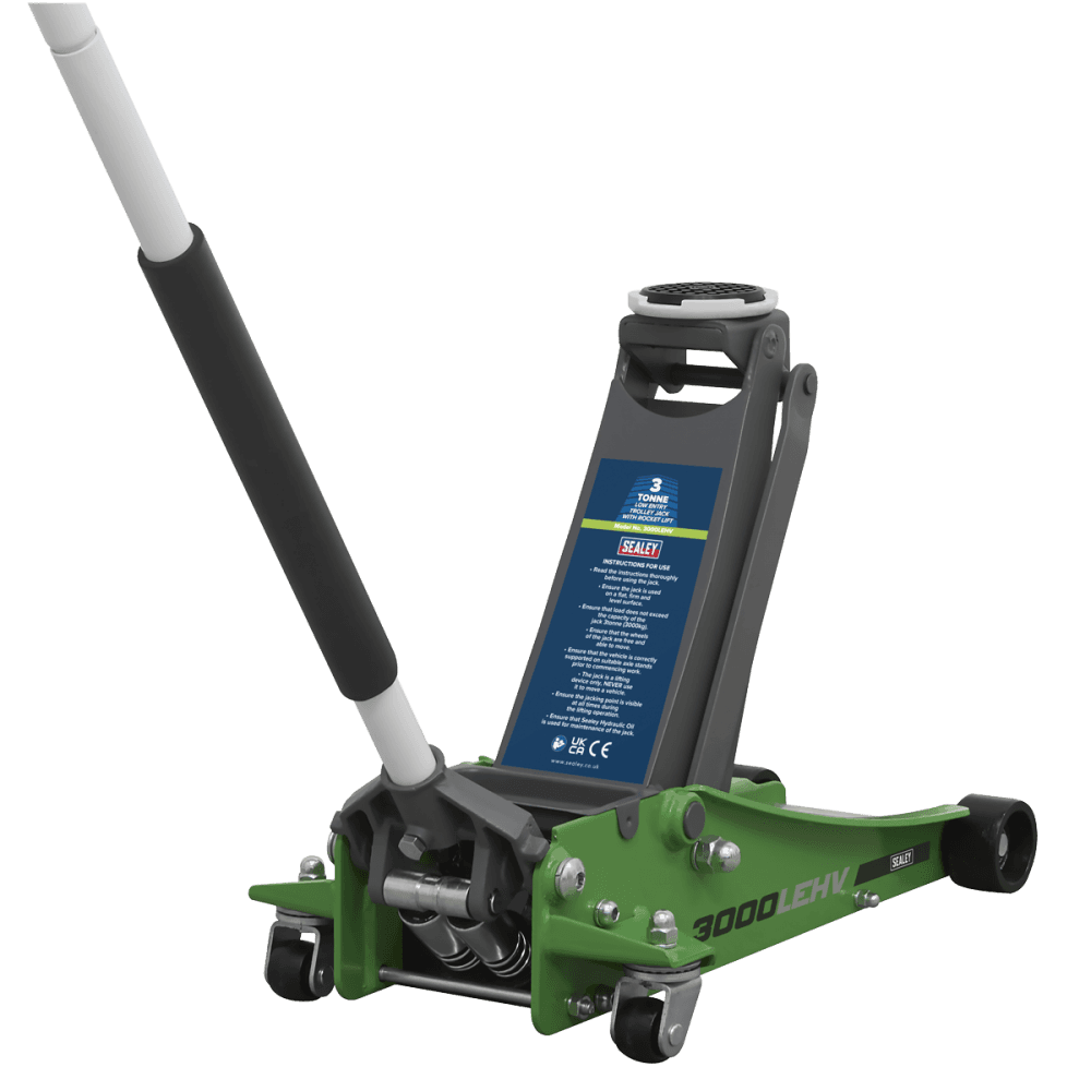Sealey Trolley Jack 3tonne Low Entry Rocket Lift Hi-Vis Green Model No- 3000LEHV