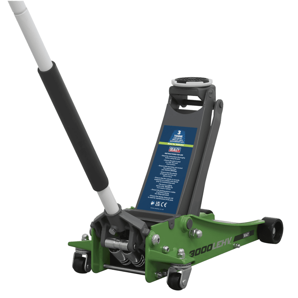 Sealey Trolley Jack 3tonne Low Entry Rocket Lift Hi-Vis Green Model No- 3000LEHV