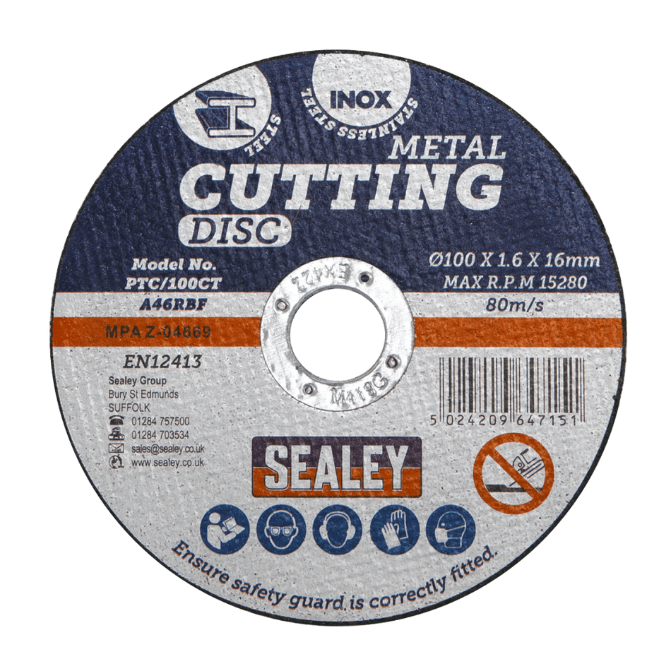 Sealey Cutting Disc 100 x 1.6mm 16mm Bore Model No-PTC/100CT