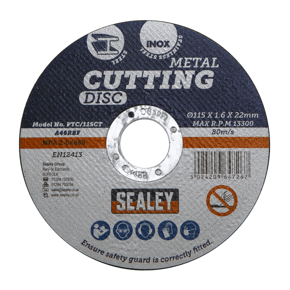Sealey Cutting Disc 115 x 1.6mm 22mm Bore Model No-PTC/115CT