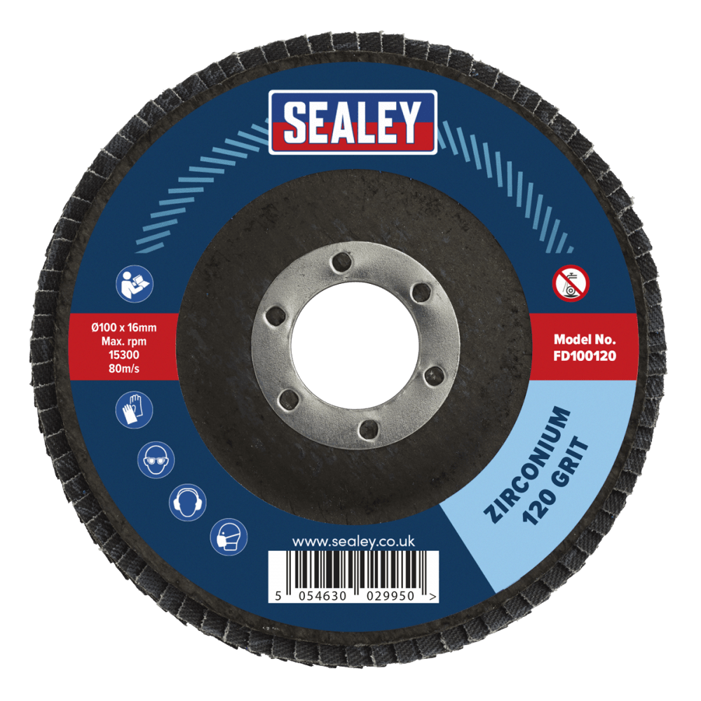 Sealey 100mm Zirconium Flap Disc 120Grit 16mm Bore Model No- FD100120