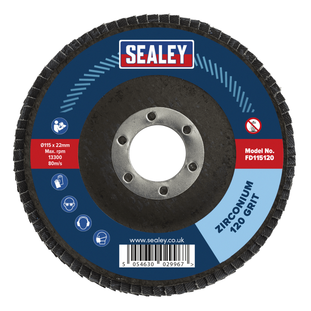 Sealey Flap Disc Zirconium 115mm 22mm Bore 120Grit Model No- FD115120