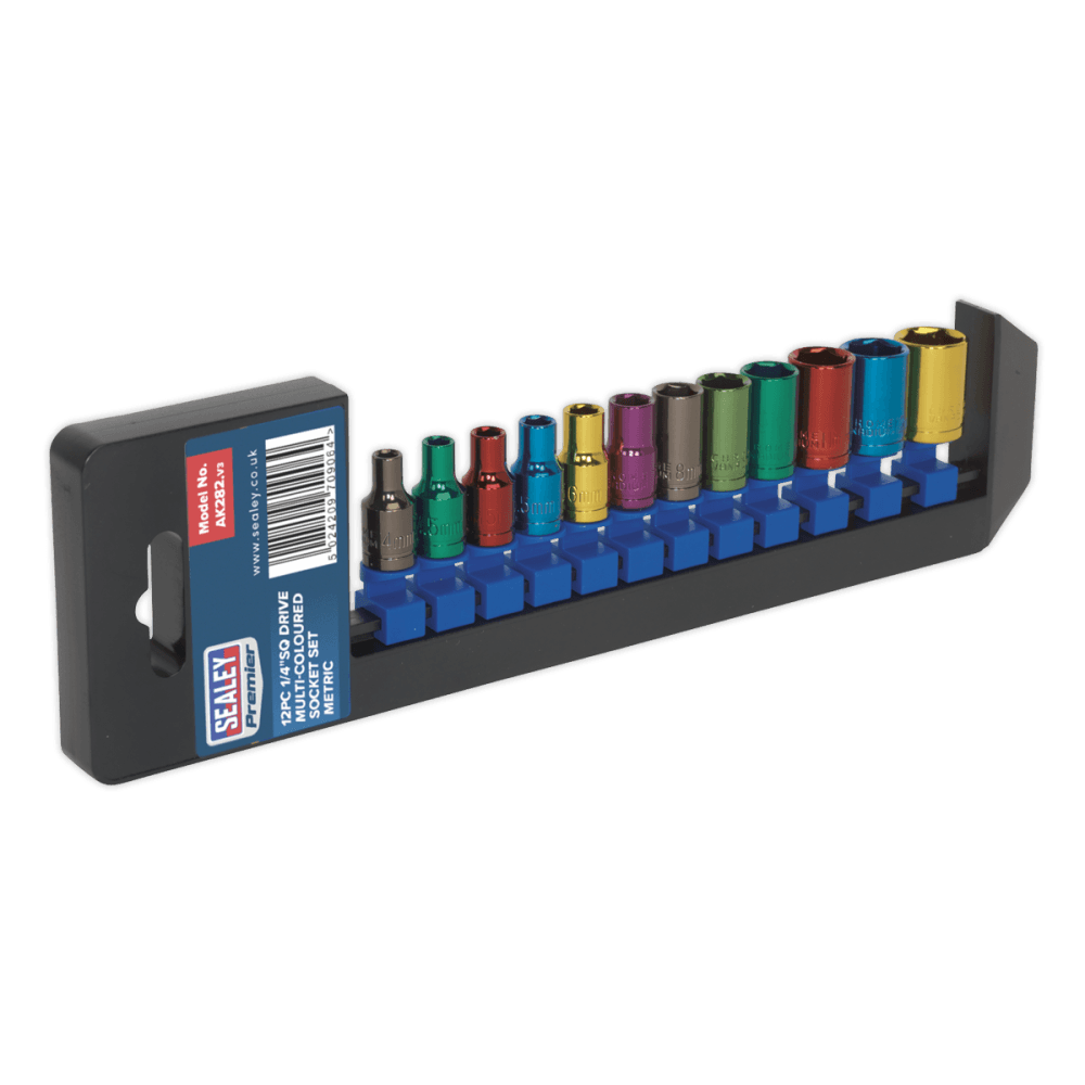 Sealey Multi-Coloured Socket Set 12pc 1/4"Sq Drive 6pt WallDrive Metric Model No-AK282