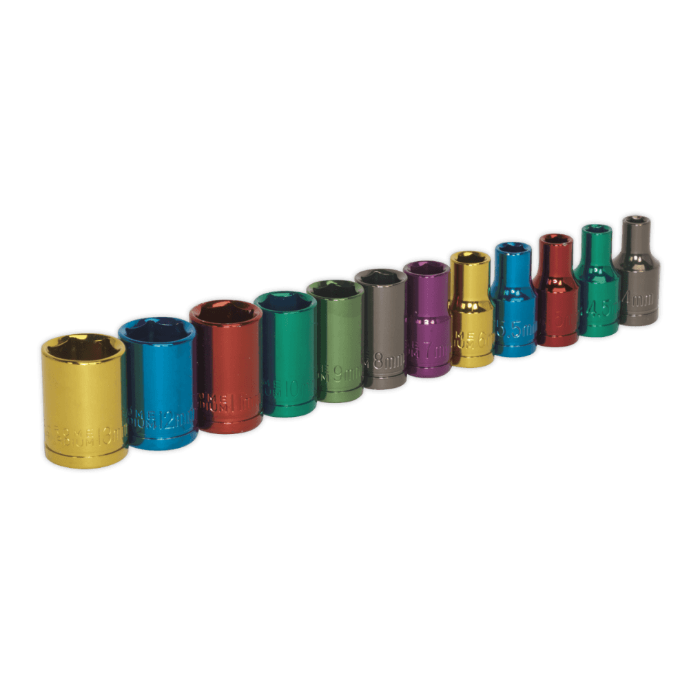 Sealey Multi-Coloured Socket Set 12pc 1/4"Sq Drive 6pt WallDrive Metric Model No-AK282