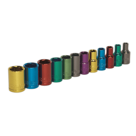 Sealey Multi-Coloured Socket Set 12pc 1/4"Sq Drive 6pt WallDrive Metric Model No-AK282