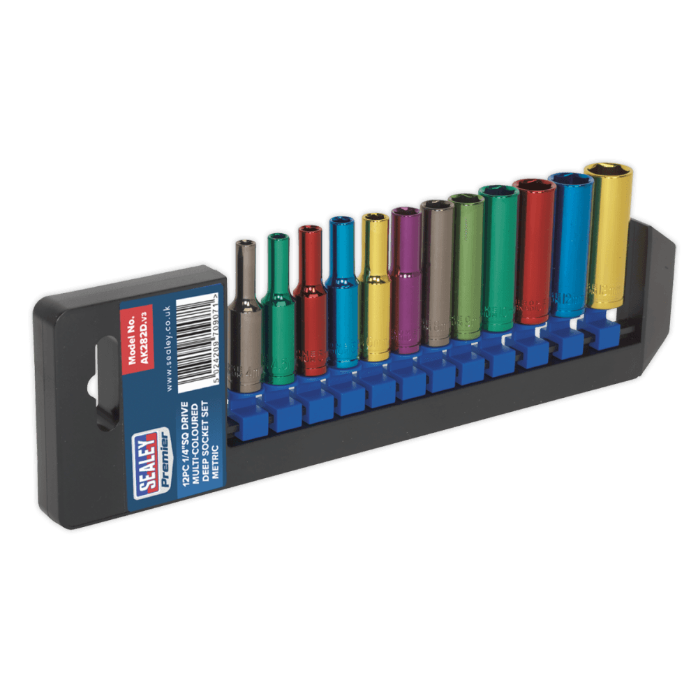 Sealey Multi-Coloured Socket Set 12pc 1/4"Sq Drive 6pt Deep WallDrive Metric Model No-AK282D