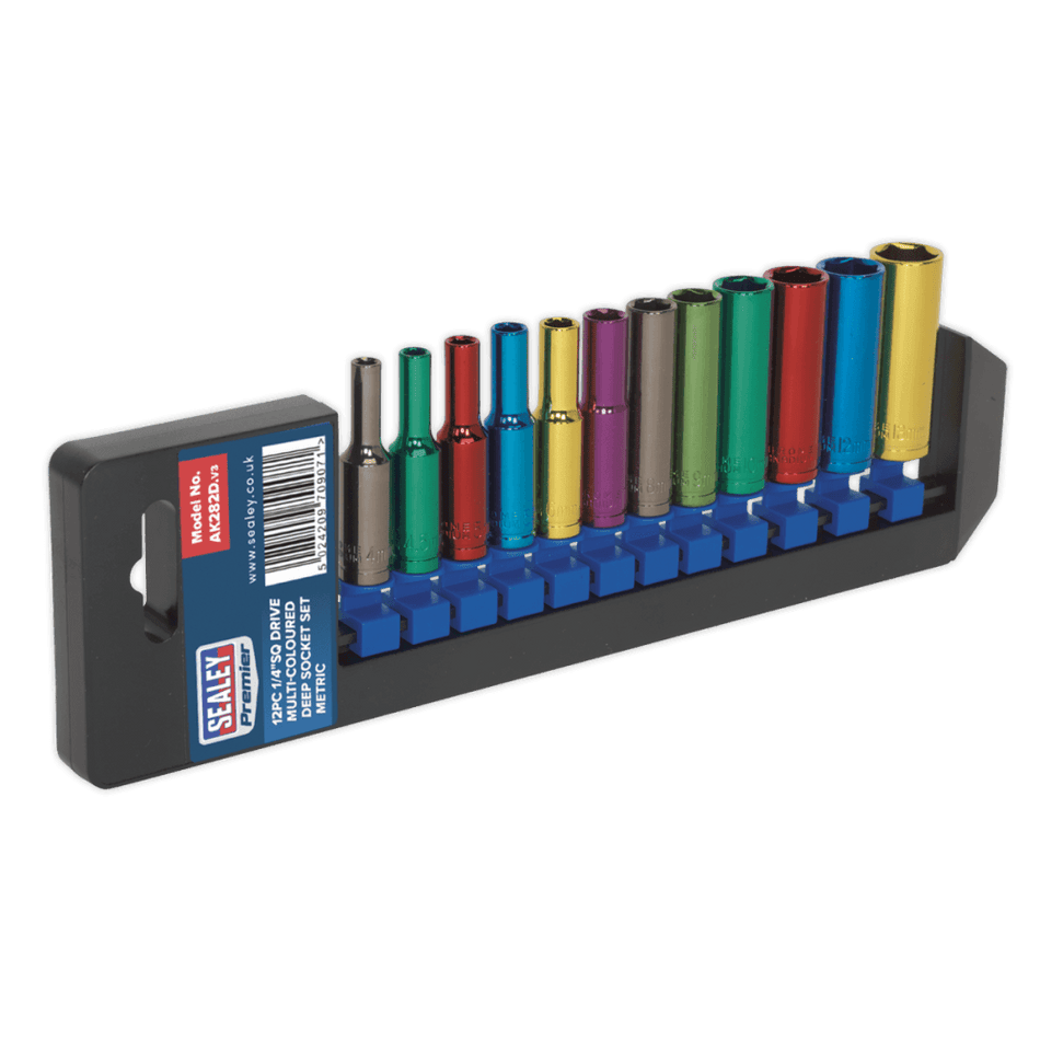 Sealey Multi-Coloured Socket Set 12pc 1/4"Sq Drive 6pt Deep WallDrive Metric Model No-AK282D