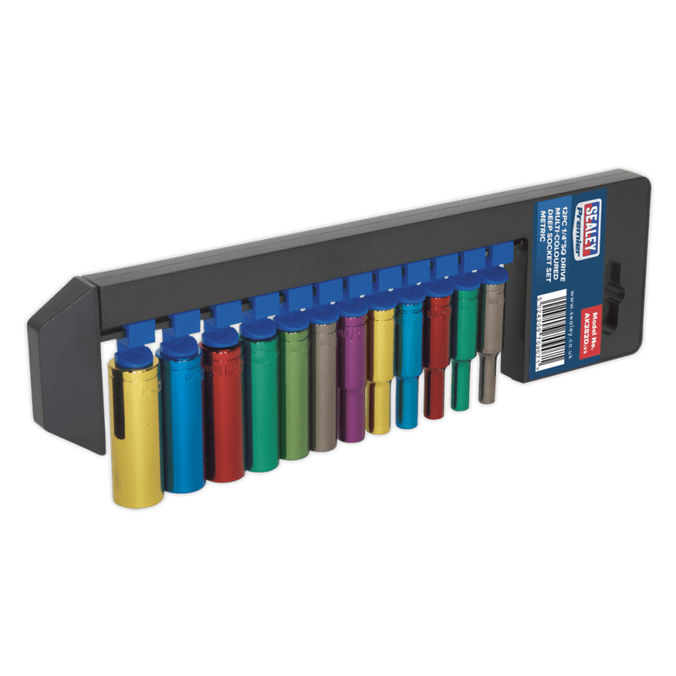 Sealey Multi-Coloured Socket Set 12pc 1/4"Sq Drive 6pt Deep WallDrive Metric Model No-AK282D