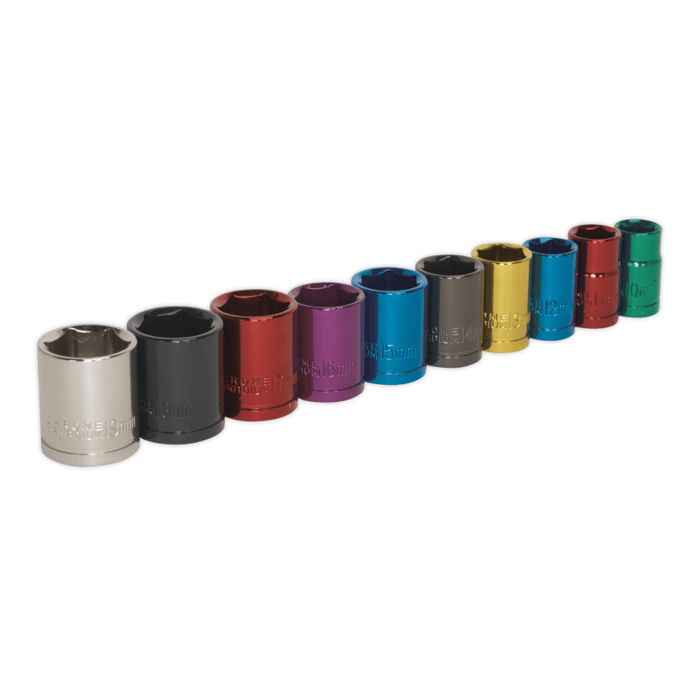 Sealey Multi-Coloured Socket Set 10pc 3/8"Sq Drive 6pt WallDrive Metric Model No-AK285