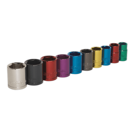 Sealey Multi-Coloured Socket Set 10pc 3/8"Sq Drive 6pt WallDrive Metric Model No-AK285