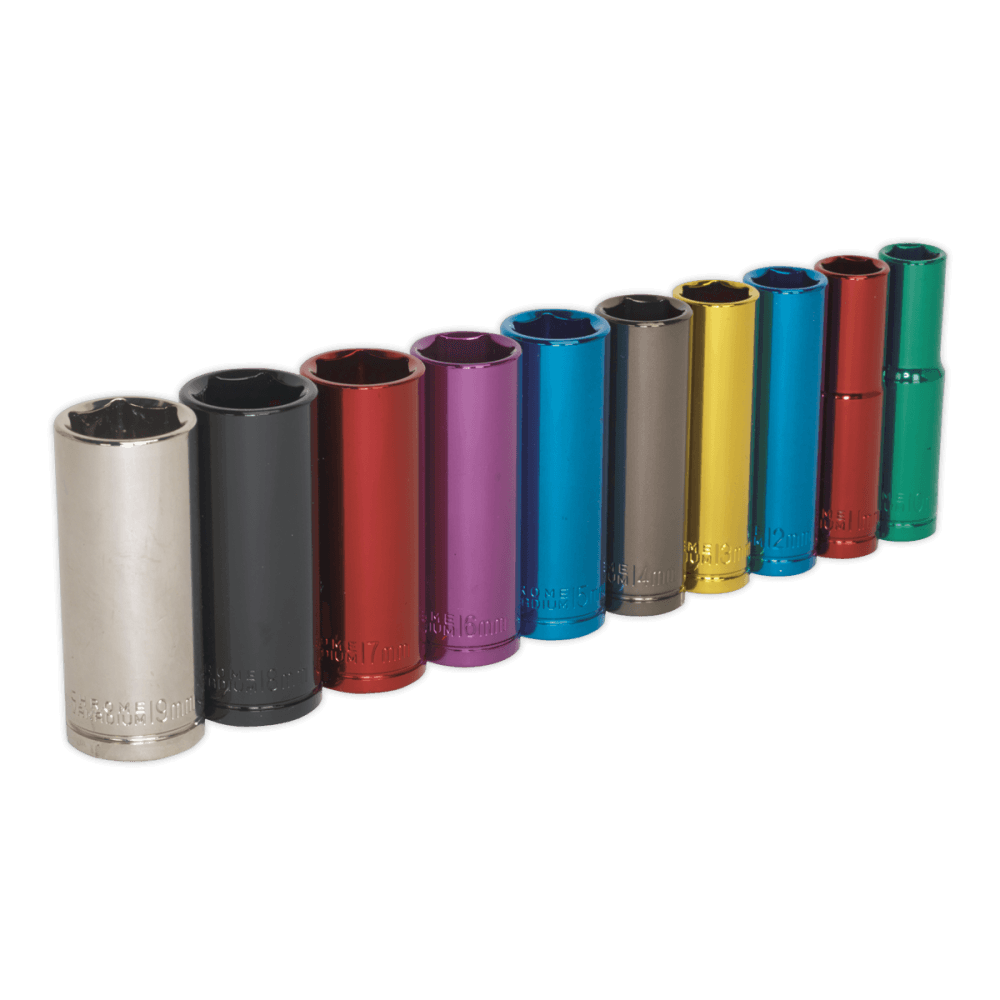 Sealey Multi-Coloured Socket Set 10pc 3/8"Sq Drive 6pt Deep WallDrive Metric Model No-AK285D