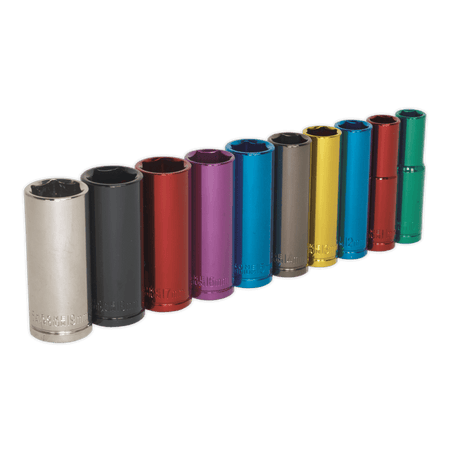 Sealey Multi-Coloured Socket Set 10pc 3/8"Sq Drive 6pt Deep WallDrive Metric Model No-AK285D