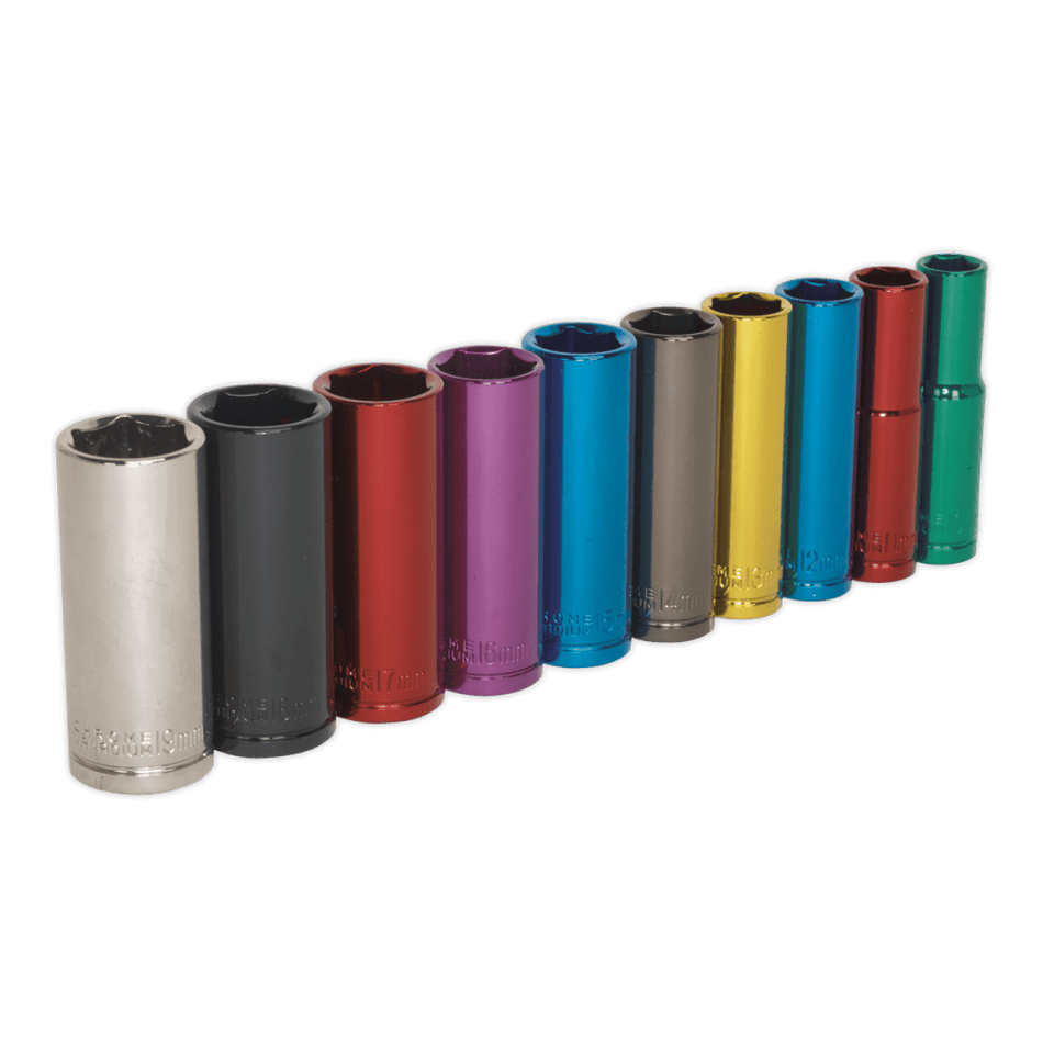 Sealey Multi-Coloured Socket Set 10pc 3/8"Sq Drive 6pt Deep WallDrive Metric Model No-AK285D