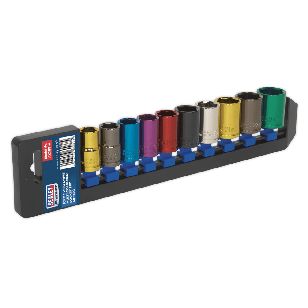 Sealey Multi-Coloured Socket Set 10pc 1/2"Sq Drive 6pt WallDrive Metric Model No-AK288