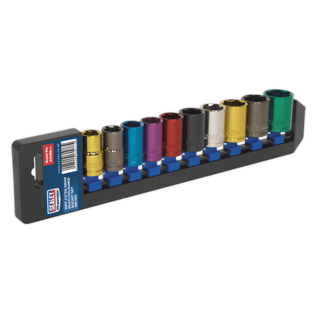 Sealey Multi-Coloured Socket Set 10pc 1/2"Sq Drive 6pt WallDrive Metric Model No-AK288
