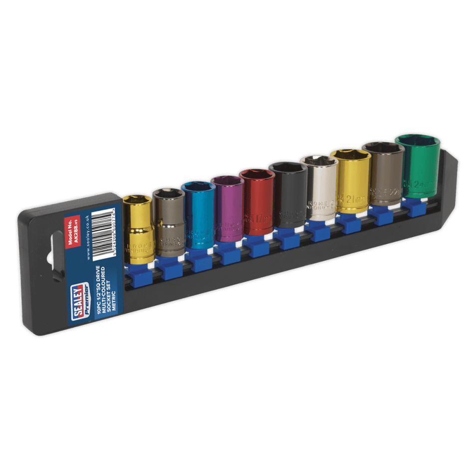 Sealey Multi-Coloured Socket Set 10pc 1/2"Sq Drive 6pt WallDrive Metric Model No-AK288