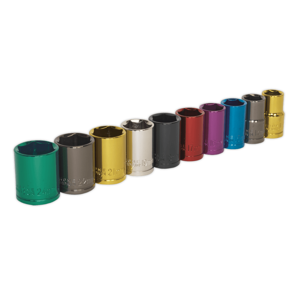 Sealey Multi-Coloured Socket Set 10pc 1/2"Sq Drive 6pt WallDrive Metric Model No-AK288