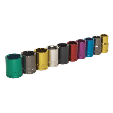 Sealey Multi-Coloured Socket Set 10pc 1/2"Sq Drive 6pt WallDrive Metric Model No-AK288