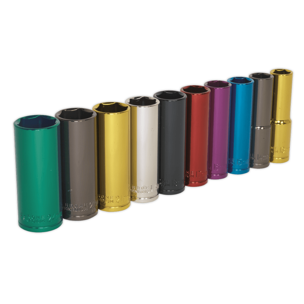 Sealey Multi-Coloured Socket Set 10pc 1/2"Sq Drive 6pt Deep WallDrive Metric Model No-AK288D