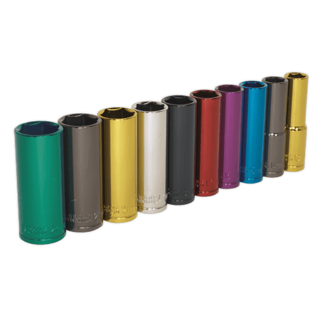 Sealey Multi-Coloured Socket Set 10pc 1/2"Sq Drive 6pt Deep WallDrive Metric Model No-AK288D