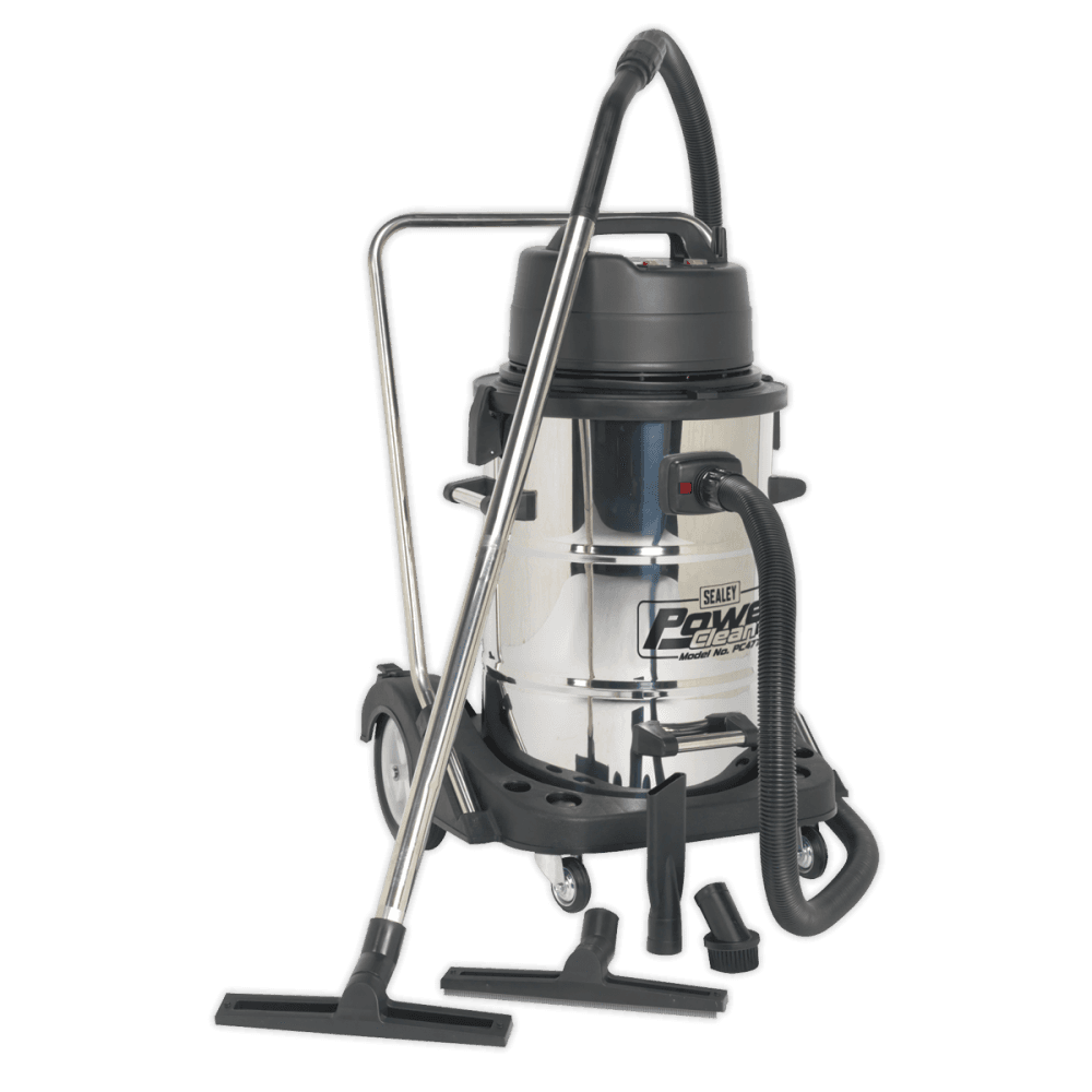 Sealey Industrial Wet & Dry Vacuum Cleaner 77ltr Stainless Drum 2400W/230V Swivel Bin Empty Model No-PC477
