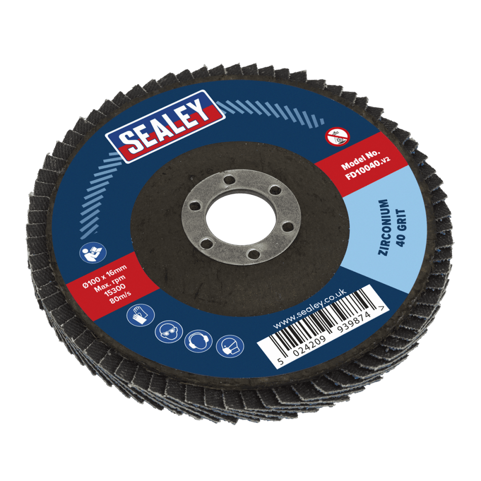 Sealey Flap Disc Zirconium 100mm 16mm Bore 40Grit Model No-FD10040
