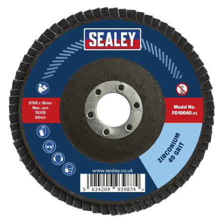 Sealey Flap Disc Zirconium 100mm 16mm Bore 40Grit Model No-FD10040