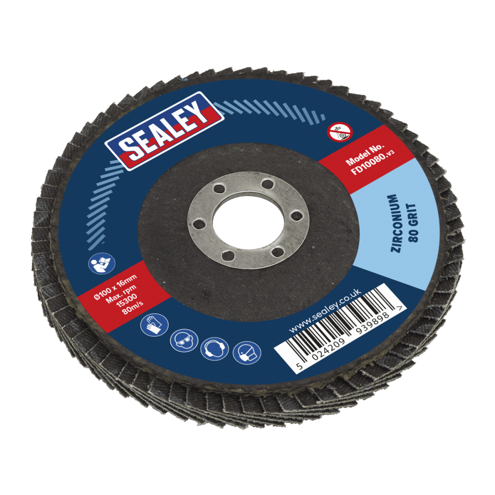 Sealey Flap Disc Zirconium 100mm 16mm Bore 80Grit Model No-FD10080