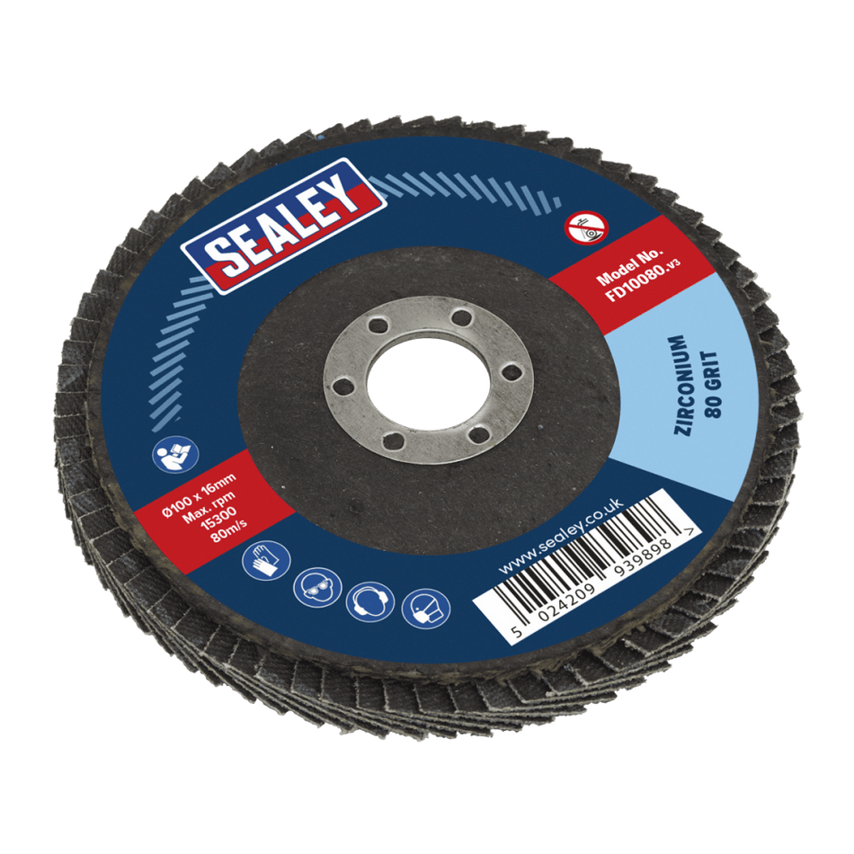 Sealey Flap Disc Zirconium 100mm 16mm Bore 80Grit Model No-FD10080
