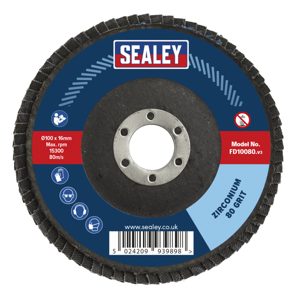 Sealey Flap Disc Zirconium 100mm 16mm Bore 80Grit Model No-FD10080