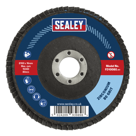 Sealey Flap Disc Zirconium 100mm 16mm Bore 80Grit Model No-FD10080