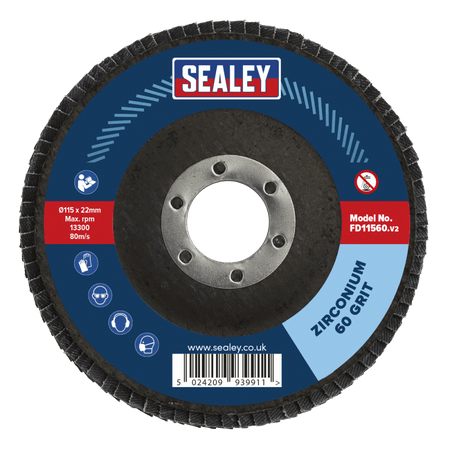 Sealey Flap Disc Zirconium 115mm 22mm Bore 60Grit Model No-FD11560