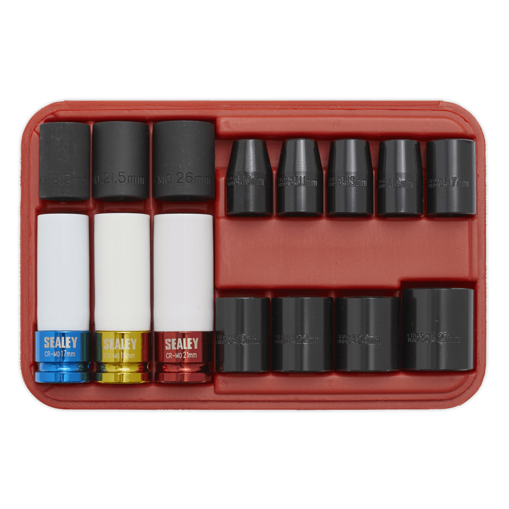 Sealey Impact Socket & Wheel Nut Remover Set 15pc 1/2"Sq Drive Model No-AK5615M
