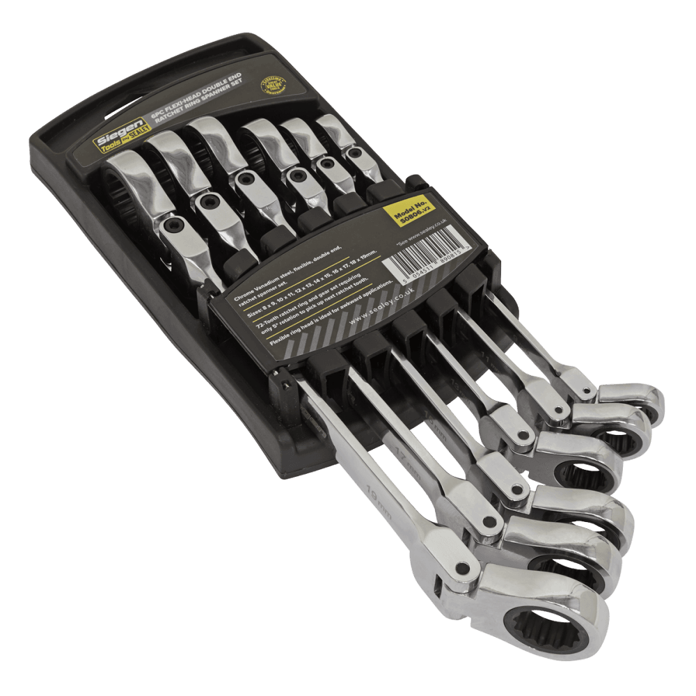 Sealey Flexi-Head Double End Ratchet Ring Spanner Set 6pc Metric Model No-S0806