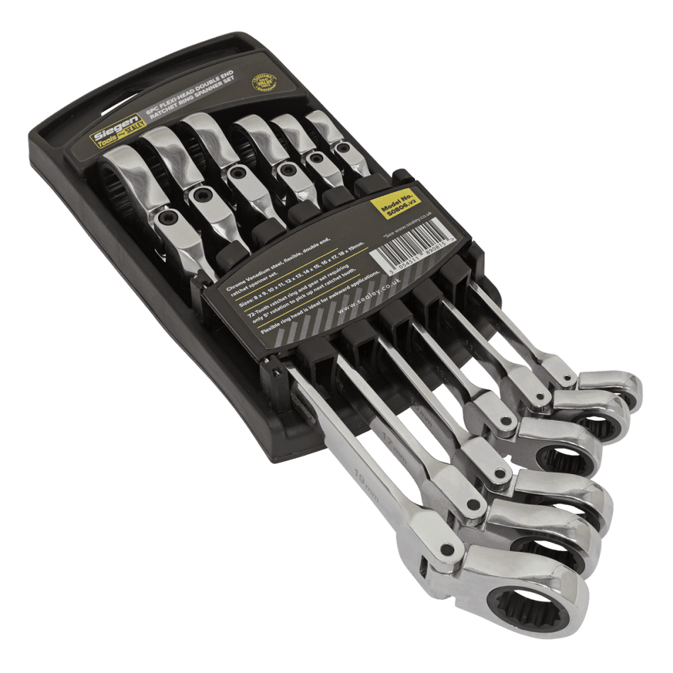 Sealey Flexi-Head Double End Ratchet Ring Spanner Set 6pc Metric Model No-S0806