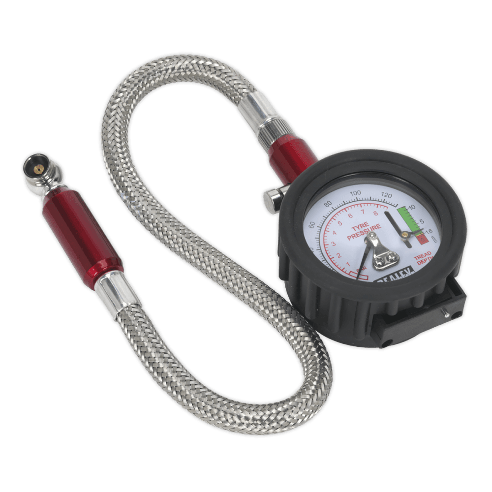 Sealey Tyre Pressure Gauge with Tyre Tread Depth Gauge - Flexible Hose Model No-TSTPDG02