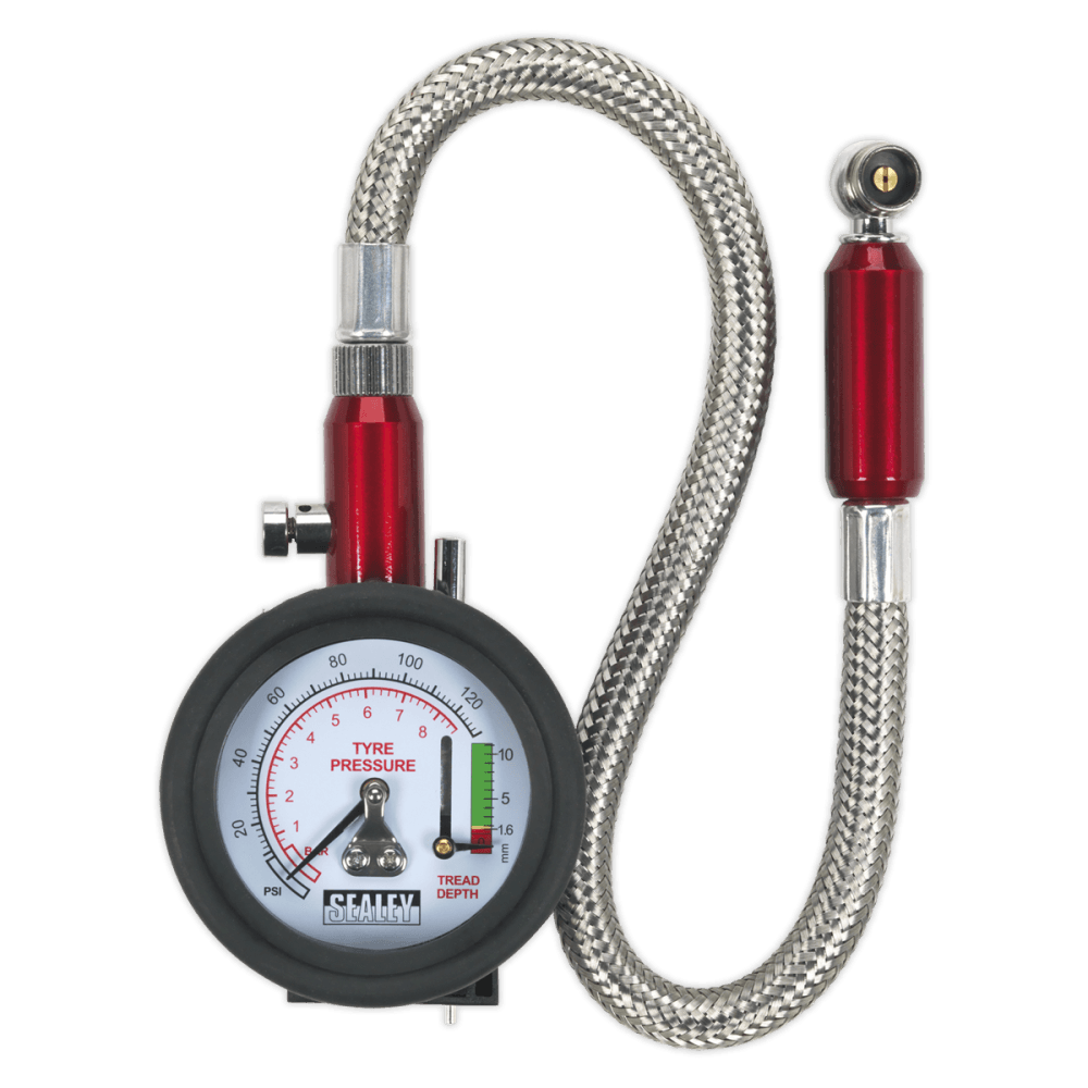 Sealey Tyre Pressure Gauge with Tyre Tread Depth Gauge - Flexible Hose Model No-TSTPDG02
