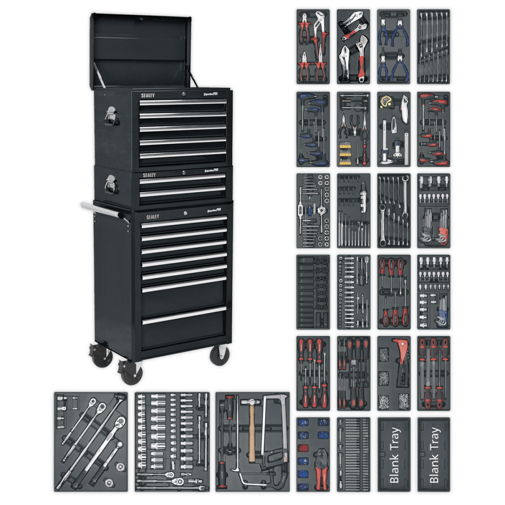 Sealey Tool Chest Combination 14 Drawer with Ball Bearing Runners - Black & 1179pc Tool Kit Model No-SPTCOMBO2