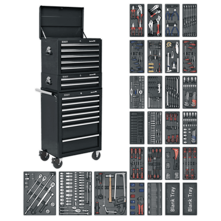 Sealey Tool Chest Combination 14 Drawer with Ball Bearing Runners - Black & 1179pc Tool Kit Model No-SPTCOMBO2