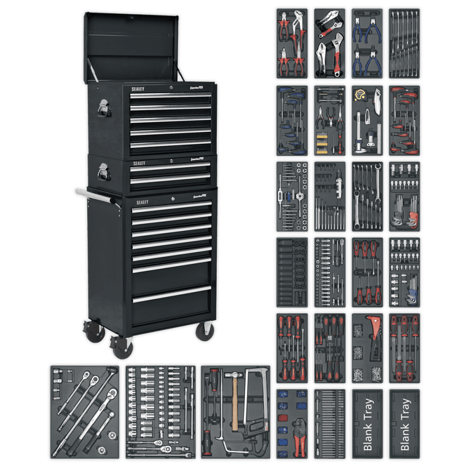 Sealey Tool Chest Combination 14 Drawer with Ball Bearing Runners - Black & 1179pc Tool Kit Model No-SPTCOMBO2