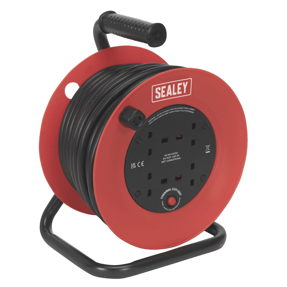 Sealey Cable Reel 25mtr 4 x 230V 2.5mm Heavy-Duty Thermal Trip Model No-CR22525