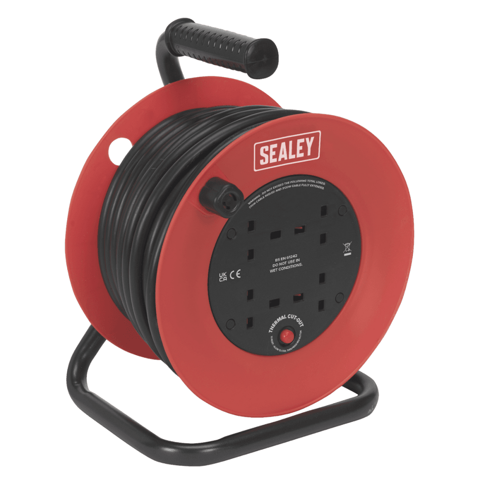 Sealey Cable Reel 25mtr 4 x 230V 2.5mm Heavy-Duty Thermal Trip Model No-CR22525