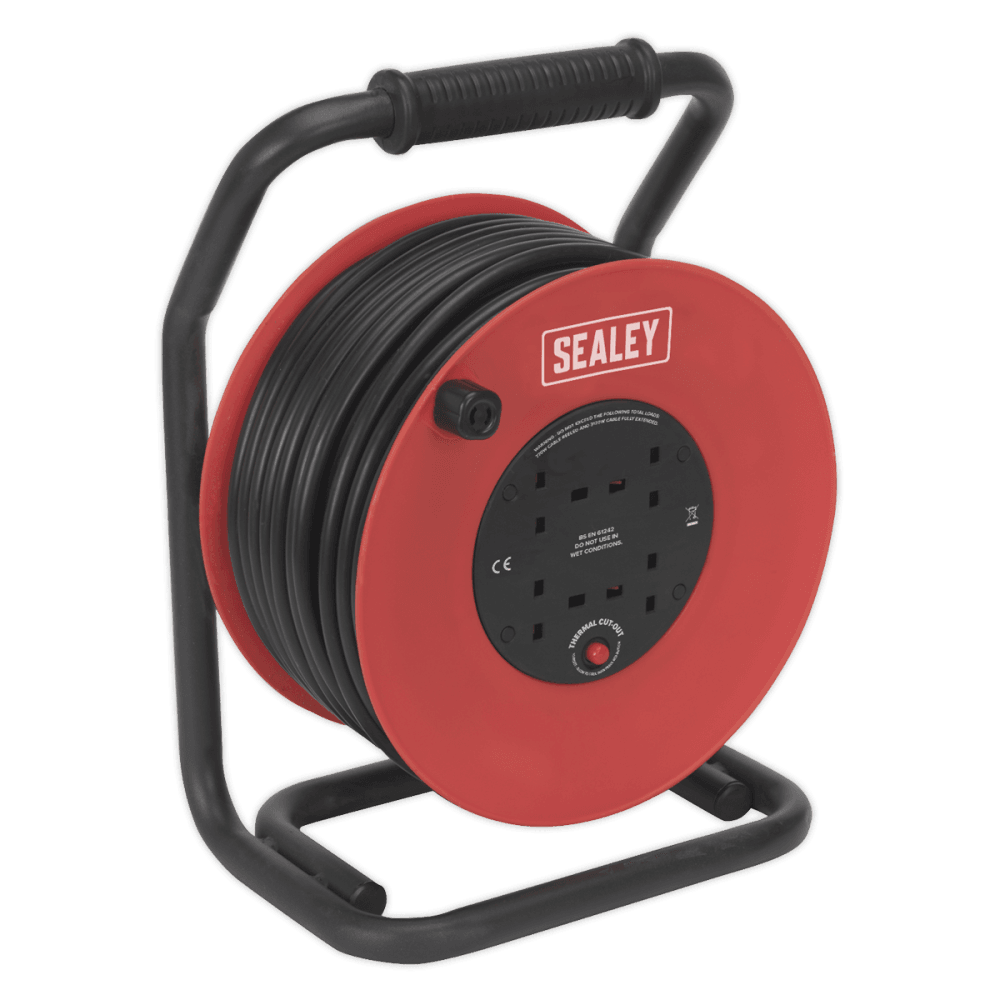 Sealey Cable Reel 50mtr 4 x 230V 2.5mm Heavy-Duty Thermal Trip Model No-CR25025