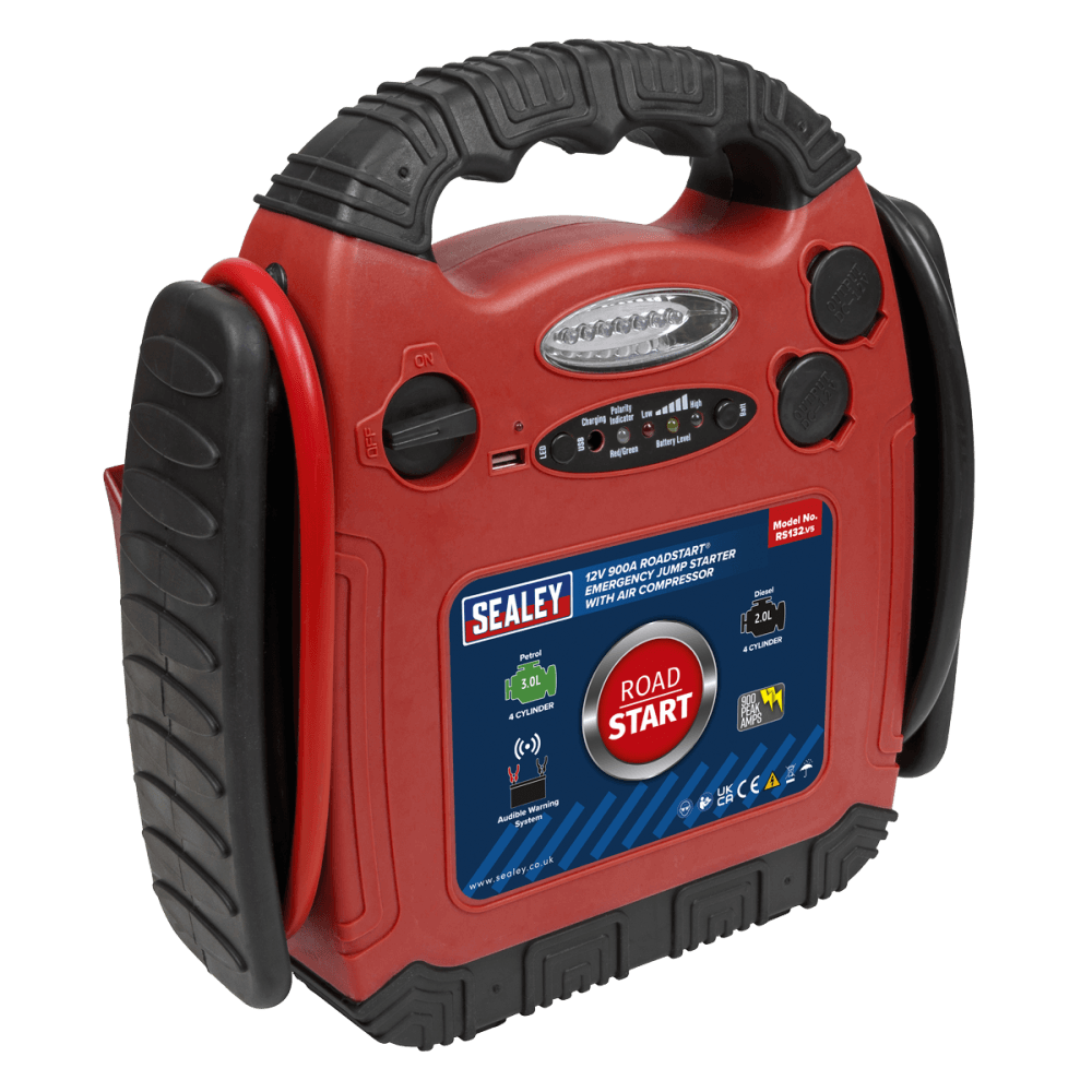 Sealey RoadStart Emergency Power Pack with Air Compressor 12V 900 Peak Amps Model No-RS132