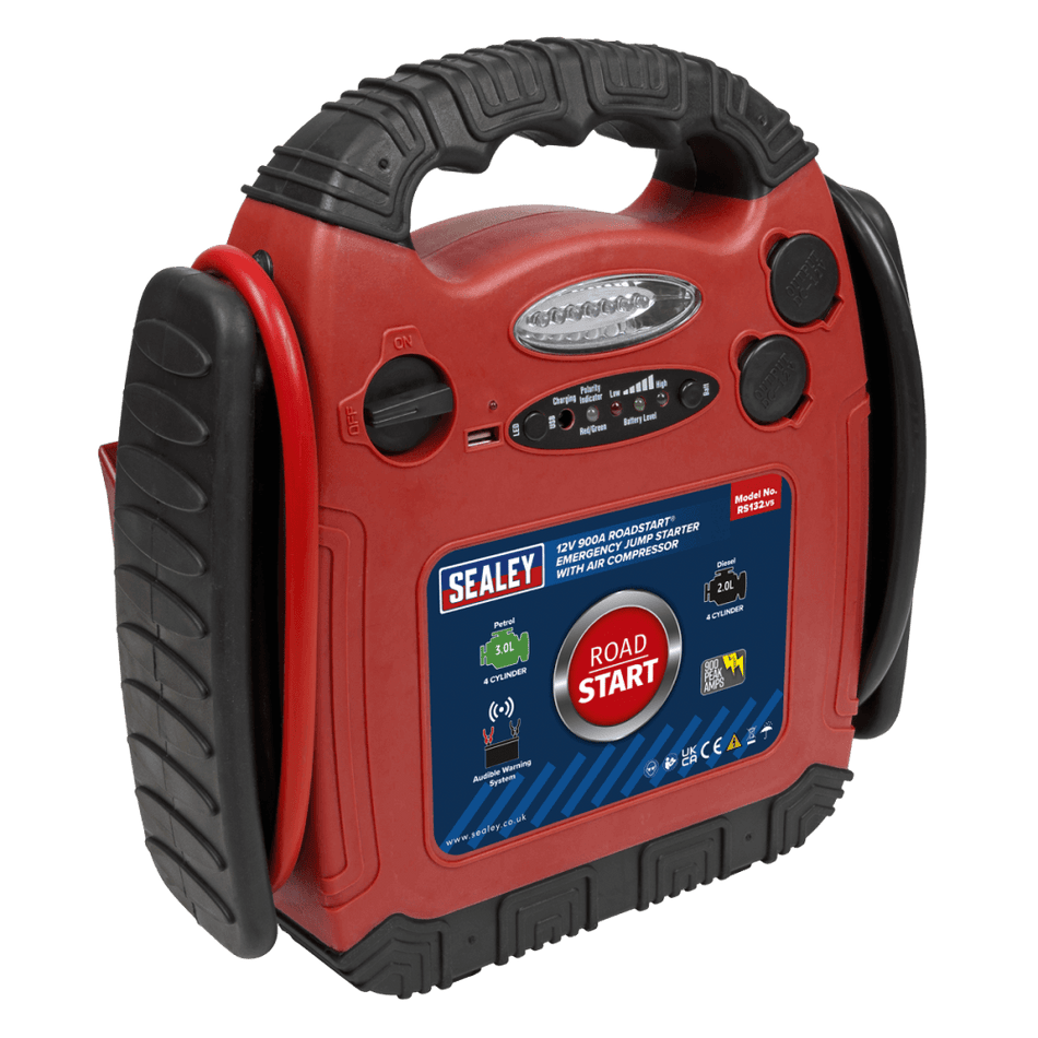 Sealey RoadStart Emergency Power Pack with Air Compressor 12V 900 Peak Amps Model No-RS132