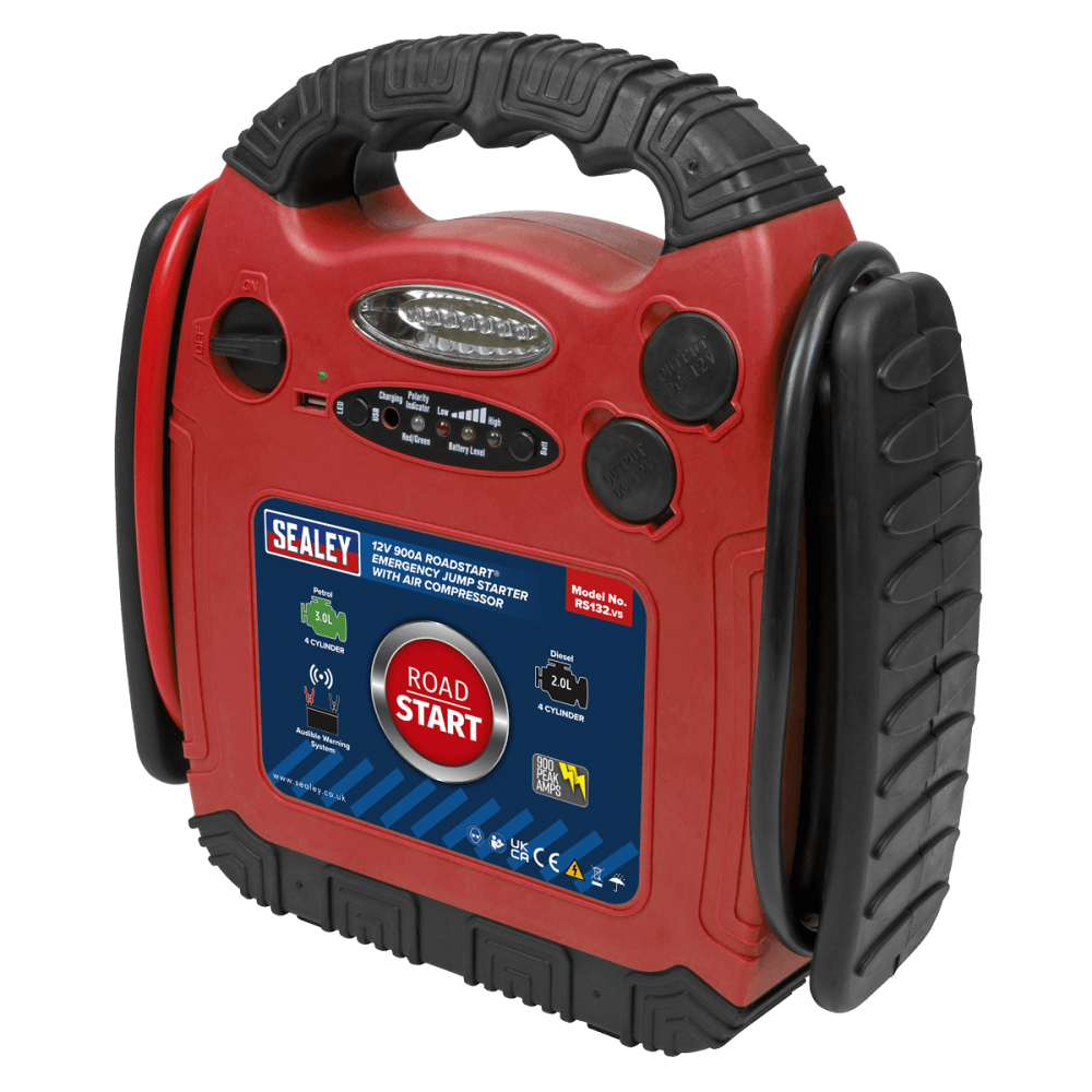 Sealey RoadStart Emergency Power Pack with Air Compressor 12V 900 Peak Amps Model No-RS132